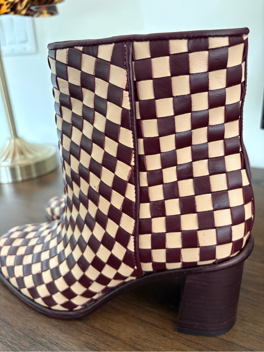 ANTONIO MELANI Woven Leather Checkered Ankle Boots in Cream and Burgundy - Picture 2 of 6
